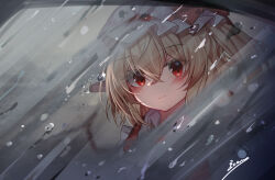 1girl absurdres blonde_hair blush bow cloud cloudy_sky commentary condensation crossed_bangs english_commentary flandre_scarlet floating_hair grey_sky hair_between_eyes hat hat_bow highres long_hair looking_at_viewer mob_cap one_side_up outdoors red_bow red_eyes signature sky smile solo top-exerou touhou upper_body water_drop white_hat window_fog