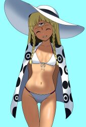 Rule 34 | 1girl, absurdres, alternate costume, arms behind back, bikini, blonde hair, blue background, bojack198, braid, breasts, closed eyes, collarbone, commentary, dark-skinned female, dark skin, english commentary, eupha (metaphor: refantazio), gluteal fold, grin, hat, highres, large hat, long hair, metaphor: refantazio, navel, purple eyes, simple background, small breasts, smile, solo, stomach, sun hat, swimsuit, third eye, twin braids, white bikini, white hat