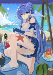 1girl :o absurdres beach bikini blue_bikini blue_gloves blue_hair blue_skirt blue_sky breasts chinese_commentary cleavage commentary_request crab earrings food fruit gloves halo head_wings highres honkai:_star_rail honkai_(series) jewelry long_hair medium_breasts npp_(artist) ocean palm_tree robin_(honkai:_star_rail) sand sandals single_bare_foot skirt sky soles solo starfish swimsuit toes tree very_long_hair water watermelon watermelon_slice wings