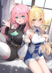 2girls ahoge belt belt_pouch black_dress blonde_hair blush breasts closed_mouth detached_sleeves dress eyebrows_hidden_by_hair flower green_eyes hair_between_eyes hair_flower hair_ornament hand_on_own_chest hazure_skill_&quot;kinomi_master&quot;:_skill_no_mi_(tabetara_shinu)_wo_mugen_ni_taberareru_you_ni_natta_ken_nitsuite highres isegawa_yasutaka jewelry large_breasts lena_floria lips locked_arms long_hair looking_at_viewer multiple_girls official_art on_bed open_mouth orange_eyes pendant pink_hair ponytail pouch sitting smile thighhighs very_long_hair waving white_dress white_thighhighs