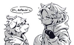 2boys ahoge animal_ears aotsuki_eito black_gloves blush closed_eyes closed_mouth dog_boy dog_ears english_text fang furry glasses gloves greyscale hand_up height_difference highres looking_at_another male_focus messy_hair monochrome multiple_boys open_mouth parted_hair smile speech_bubble sumino_takumi the_hundred_line_-last_defense_academy- upper_body