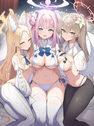 3girls adapted_costume animal_ears bikini black_pantyhose blonde_hair blue_archive blue_bow blue_bowtie blush bow bowtie breasts brown_hair cleavage closed_mouth fox_ears gradient_eyes hair_bun highres isegawa_yasutaka large_breasts long_hair looking_at_viewer medium_breasts mika_(blue_archive) multicolored_eyes multiple_girls nagisa_(blue_archive) navel open_mouth pantyhose pink_hair seia_(blue_archive) side-tie_bikini_bottom single_hair_bun single_side_bun small_breasts smile striped_clothes striped_pantyhose swimsuit tea_party_(blue_archive) thighhighs thighs white_bikini white_thighhighs yellow_eyes