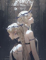 2girls absurdres bare_shoulders black_collar black_dress blonde_hair braid breasts cartethyia_(wuthering_waves) closed_eyes collar commentary crown_of_thorns dino_(dinoartforame) dress dual_persona earrings fleurdelys_(wuthering_waves) floating_earrings from_side highres horns jewelry large_breasts long_hair long_horns multiple_girls parted_lips pointy_ears profile single_horn small_breasts wuthering_waves yellow_horns