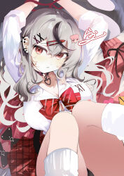 1girl absurdres arms_up black_choker black_hair bow breasts button_gap cardigan choker cleavage collarbone commentary ear_piercing grey_hair hair_ornament hairclip heart_collar highres hololive knees_up large_breasts laudayon long_hair long_sleeves looking_at_viewer multicolored_hair octopus_hair_ornament parted_lips piercing pink_cardigan red_bow red_eyes red_skirt sakamata_chloe sakamata_chloe_(gyarumata) shirt skirt socks solo spiked_ear_piercing streaked_hair sweat thighs two-tone_hair unworn_cardigan virtual_youtuber white_shirt white_socks