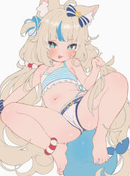 1girl :3 ahoge animal_ear_fluff animal_ears armpit_crease bare_arms bikini blonde_hair blue_bikini blue_eyes blue_hair blue_nails bow fang feet fins fish_girl fish_tail fokkahim7 grabbing_own_hair hair_bow hand_up highleg highleg_bikini highres indie_virtual_youtuber legs_folded lifebuoy_hair_ornament long_hair looking_at_viewer low_twintails lying mesugaki multicolored_hair nail_polish navel one_side_up open_mouth paper_boat sameko_saba scrunchie short_shorts shorts simple_background skin_fang smile smug solo spread_legs streaked_hair striped_bikini striped_clothes swimsuit tail twintails very_long_hair virtual_youtuber white_background white_bikini white_shorts wrist_scrunchie