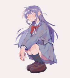 Rule 34 | 1girl, ^ ^, arms on knees, black socks, blunt bangs, blunt ends, blush, bow, bowtie, brown background, brown shoes, chinese commentary, closed eyes, collared shirt, commentary request, full body, grey jacket, grey skirt, grin, highres, jacket, kneehighs, legs together, loafers, long hair, long sleeves, miniskirt, one side up, open clothes, open jacket, own hands together, parted lips, pleated skirt, purple hair, red bow, red bowtie, rei931218, school uniform, seishou music academy uniform, shirt, shirt tucked in, shoes, shoujo kageki revue starlight, sidelocks, simple background, skirt, smile, socks, solo, squatting, tsuyuzaki mahiru, white shirt