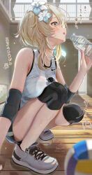 1girl alternate_costume bare_shoulders blonde_hair blush bottle breast_press breasts commentary_request elbow_pads genshin_impact gym_shirt gym_shorts highres holding holding_bottle kabu_usagi knee_pads large_breasts lumine_(genshin_impact) open_mouth plastic_bottle shirt shoes short_hair short_hair_with_long_locks shorts sleeveless sleeveless_shirt solo sportswear squatting thighs translation_request volleyball_uniform water_bottle white_shirt white_shoes yellow_eyes