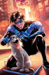 1boy animal batman_(series) baton_(weapon) black_bodysuit black_hair blue_bodysuit bodysuit building city dc_comics dick_grayson dog domino_mask holding holding_mask male_focus mask muscular muscular_male nightwing outdoors sergacuna short_hair smile sunlight sunset superhero_costume teeth two-tone_bodysuit weapon