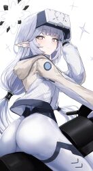 Rule 34 | 1girl, absurdres, ass, black gloves, blue archive, blush, bodysuit, earclip, gabang, gloves, goggles, goggles on head, grey hair, hair tubes, halo, hand up, head-mounted display, highres, himari (blue archive), himari (bodysuit) (blue archive), hood, hood down, hooded jacket, jacket, long hair, looking at viewer, low-tied long hair, mole, mole under eye, official alternate costume, pointy ears, smile, solo, sparkle, sparkling aura, two-tone gloves, very long hair, white bodysuit, white gloves, white halo, white jacket
