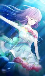Rule 34 | 1girl, aqua choker, arm up, armpits, bairasu 02, blurry edges, breasts, choker, closed eyes, closed mouth, commentary request, dress, flower, flower choker, frilled dress, frills, fur-trimmed dress, fur trim, highres, link! like! love live!, long hair, love live!, medium breasts, official alternate costume, otomune kozue, outstretched arm, pink flower, pink rose, purple hair, rose, short dress, single-shoulder dress, single bare shoulder, solo, u u, underwater, virtual youtuber, white dress, yume wazurai
