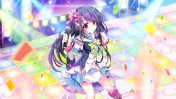 1girl armpits black_hair blue_skirt boots bow breasts brooch clenched_hand colored_lights cross-laced_footwear detached_sleeves dress floor_tiles frills from_above game_cg glint green_bow hair_ornament holding holding_microphone ichikishima_mizuha idol idol_clothes izumi_tsubasu jewelry layered_skirt long_hair looking_at_viewer medium_breasts microphone multicolored_skirt non-web_source official_art pink_boots polka_dot purple_eyes re:stage! ribbon short_dress skirt smile sparkle stage stage_lights star_(symbol) star_brooch striped_clothes striped_skirt vertical-striped_clothes vertical-striped_skirt very_long_hair white_skirt wrist_cuffs