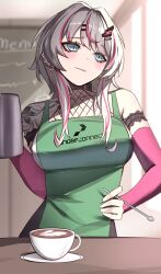 1girl absurdres apron belt belt_collar black_belt blue_eyes breasts closed_mouth coffee_mug collar commission cup detached_sleeves earrings fishnets green_apron grey_hair hair_ornament hand_on_own_hip highres holding_coffee_pot jewelry logo medium_breasts mug multicolored_hair phase_connect pink_hair pink_sleeves rinkou_ashelia rinkou_ashelia_(lia_2.0) shoulder_tattoo silva_arts solo streaked_hair table tattoo virtual_youtuber