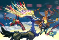 10s 1girl 2boys 4others absurdres calem_(pokemon) charizard dragon dragon_wings fire flame-tipped_tail froakie gen_1_pokemon gen_6_pokemon glowing gradient_background hawlucha highres holding holding_poke_ball legendary_pokemon machinery multiple_boys multiple_others nintendo official_art poke_ball poke_ball_(basic) pokemon pokemon_(creature) pokemon_xy short_hair sugimori_ken surprised tail team_flare team_flare_grunt wings xerneas