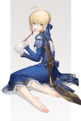 1girl 22_(291085645) artoria_pendragon_(fate) barefoot blonde_hair bowl chopsticks fate/stay_night fate_(series) feet green_eyes hair_bun highres long_hair looking_at_viewer rice rice_bowl saber_(fate) soles toes