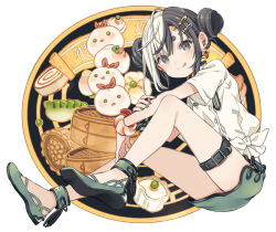 1girl :q bamboo_steamer black_hair bracelet closed_mouth commentary_request double_bun dumpling earrings food full_body green_shoes green_skirt hair_bun hair_ornament hairclip harikamo highres jewelry jiaozi looking_at_viewer mooncake multicolored_hair nail_polish original shirt shoe_soles shoes short_eyebrows shrimp sitting skirt solo split-color_hair thigh_strap tongue tongue_out translation_request white_hair white_shirt