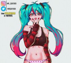 1girl absurdres aqua_eyes aqua_hair bare_shoulders body_freckles cunnilingus_gesture detached_sleeves elbow_gloves eyeshadow fingerless_gloves freckles gloves hair_between_eyes hair_ornament hair_scrunchie hatsune_miku heart heart_print highres instagram_username long_hair looking_at_viewer makeup mrquessos multicolored_hair nail_polish panties pink_panties red_hair red_nails scrunchie solo streaked_hair tongue tongue_out twintails twitter_username underwear v vocaloid