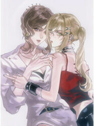 2girls axis_powers_hetalia blonde_hair bracelet breasts brown_hair choker cleavage crown earrings france_(female)_(hetalia) genderswap genderswap_(mtf) glasses green_eyes hair_ornament hairclip highres jacket jewelry long_hair looking_at_viewer middle_finger multiple_earrings multiple_girls open_mouth purple_eyes shirt simple_background twintails united_kingdom_(female)_(hetalia) updo wafen_juemu white_background yuri
