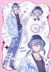 Rule 34 | 1boy, absurdres, alternate costume, black hat, black shirt, border, bucket hat, cellphone, chibi, chibi inset, commentary, denim, donut, earphones, earrings, food, full body, grey hair, grey shoes, grid background, hand in pocket, hat, head wings, heart, highres, hitohachan, holding, holding phone, honkai: star rail, honkai (series), iridescent, jacket, jeans, jewelry, looking at viewer, male focus, multiple views, necklace, pants, parted lips, phone, pink background, robin (honkai: star rail), shirt, shoes, short hair, simple background, sparkle, sunday (honkai: star rail), torn clothes, torn jeans, torn pants, upper body, white background, wings, yellow eyes