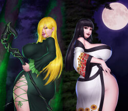 2girls abremson absurdres ass ass_peek black_hair blonde_hair breasts brown_eyes cleavage cleavage_cutout clothing_cutout curvy dark_mage_(monster_girl_encyclopedia) forest full_moon green_eyes highres huge_ass huge_breasts impossible_clothes japanese_clothes kimono large_breasts lilim_(monster_girl_encyclopedia) long_hair looking_at_viewer looking_back monster_girl monster_girl_encyclopedia monster_girl_encyclopedia_ii moon multiple_girls nature naughty_face night original pale_skin revealing_clothes robe seductive_smile skin_tight smile staff_(weapon) thick_thighs thigh_cutout thighs tree underbutt variant_set wide_hips