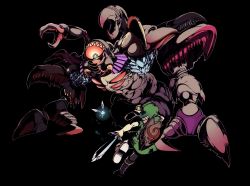 bad_id bad_pixiv_id blonde_hair creature deku_shield fairy fxpdj hat holding holding_sword holding_weapon kouta_(fxpdj) link navi nintendo pointy_ears queen_gohma shield shield_on_back sword the_legend_of_zelda weapon wooden_shield