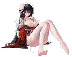 Rule 34 | 1girl, absurdres, ahoge, azur lane, bandage on thigh, bandaged arm, bandaged leg, bandages, bare shoulders, barefoot, black hair, breasts, cleavage, crossed bangs, feet, hair between eyes, hair spread out, hei wuchang, highres, huge breasts, japanese clothes, kimono, long hair, looking at viewer, mask, mask on head, no bra, off shoulder, oni mask, open mouth, red eyes, red kimono, robe, rope, shimenawa, simple background, sitting, solo, taihou (azur lane), taihou (meta) (azur lane), thighs, tongue, tongue out, very long hair, white background