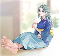 1girl absurdres barefoot beifeng_han blue_eyes fan feet foot_focus highres japanese_clothes kimono light_blush light_smile long_hair looking_at_viewer soles toes yukata