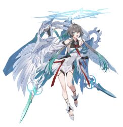 :d ahoge alpha_transparency angel angel_wings aqua_hair aqua_halo bare_shoulders black_gloves collarbone collared_dress commentary counter:side dagger detached_sleeves dress english_commentary feathered_wings floating floating_armor floating_object floating_weapon full_body gloves gradient_hair green_eyes grey_hair hair_between_eyes halo honeycomb_(pattern) knife long_sidelocks looking_at_viewer low_wings medium_hair multicolored_hair multiple_wings necktie noelle_(counter:side) official_art open_mouth red_necktie sidelocks simple_background smile strappy_heels tachi-e teeth transparent_background upper_teeth_only weapon white_wings wings