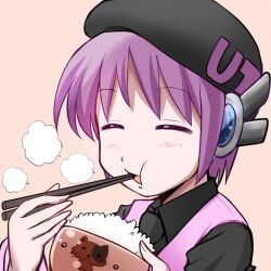 Rule 34 | 1girl, beret, bowl, chewing, chopsticks, closed eyes, collared shirt, commentary request, eating, eichi1219, hat, holding, holding bowl, holding chopsticks, necktie, open mouth, orange background, portrait, purple hair, rice bowl, robot ears, shirt, short hair, smile, solo, steam, utane uta, utau, vest