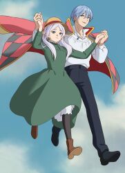 1boy 1girl anime_coloring argyle_clothes black_footwear black_pantyhose blue_hair blue_pants brown_footwear cloud cloudy_sky commentary cosplay crossover dress flying frieren full_body green_dress green_eyes highres himmel_(sousou_no_frieren) holding_hands howl_(howl_no_ugoku_shiro) howl_(howl_no_ugoku_shiro)_(cosplay) howl_no_ugoku_shiro jacket long_hair open_clothes open_jacket pants pantyhose parody parted_lips scene_reference shirt short_hair sky sophie_hatter sophie_hatter_(cosplay) sousou_no_frieren syaparinton twintails white_hair white_shirt