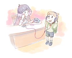 1boy 1girl cape closed_mouth david_(hilda) elbow_on_table highres hilda_(series) kaisa_(hilda) librarian listening_to_music looking_at_another looking_up open_mouth saltongreens sitting standing tape_recorder watercolor_background white_background