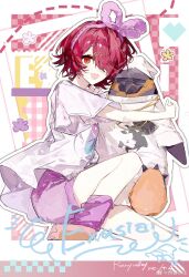 1girl :d alternate_costume arknights artist_name blouse blue_shorts bow buqiyong character_name dated emperor_(arknights) exusiai_(arknights) hair_bow hair_ornament hair_over_one_eye hairpin highres hug leg_warmers miniso open_mouth purple_bow purple_leg_warmers red_eyes red_hair shirt short_sleeves shorts signature smile white_shirt wide_sleeves
