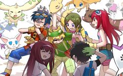 4girls 5boys asuka_(digimon) cat culumon digimon digimon_story:_lost_evolution dos_(digimon) highres hiroyuki_(digimon) horn horns kizuna_(digimon) lopmon multiple_boys multiple_girls patamon picodevimon rabbit renamon shu_(digimon) tailmon takuto_(digimon_story:_lost_evolution) terriermon tres_(digimon) uno_(digimon) wings yui_(digimon)