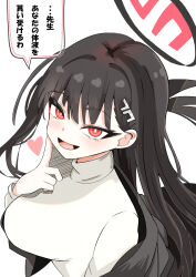 1girl black_jacket blazer blue_archive breasts commentary_request finger_to_cheek hair_ornament hairclip halo heart highres jacket large_breasts long_hair looking_at_viewer red_eyes retosato0147 ringed_eyes rio_(blue_archive) shirt simple_background solo speech_bubble sweater translation_request turtleneck turtleneck_sweater white_background white_shirt