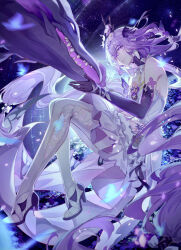 1girl bare_shoulders breasts butterfly_earrings castorice_(honkai:_star_rail) closed_mouth commentary dragon dress earrings elbow_gloves floating_hair flower from_side gloves high_heels highres honkai:_star_rail honkai_(series) jewelry large_breasts leggings long_hair mihan_(mihan_art) netherwing_(honkai:_star_rail) pink_flower purple_eyes purple_gloves purple_hair purple_theme shoes single_elbow_glove solo very_long_hair white_dress white_leggings white_shoes