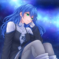 Rule 34 | 1girl, black dress, blue hair, braid, breasts, closed mouth, commentary, commission, dress, english commentary, green eyes, grey pants, hair ornament, hatejima raichi, highres, indie virtual youtuber, jewelry, kiara (kiarastreams) (vtuber), knees up, long hair, long sleeves, necklace, night, night sky, pants, second-party source, sitting, skeb commission, sky, smile, solo, star (sky), star (symbol), star hair ornament, star necklace, starry sky, sweater, turtleneck, turtleneck sweater, virtual youtuber, white sweater