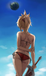 1girl arms_behind_back ass bikini blonde_hair blue_sky butt_crack cloud day fate/apocrypha fate_(series) food from_behind fruit halterneck hand_on_own_arm highres holding holding_sword holding_weapon mordred_(fate) mordred_(fate/apocrypha) mordred_(swimsuit_rider)_(first_ascension)_(fate) outdoors ponytail red_bikini short_hair side-tie_bikini_bottom sky solo string_bikini suikawari swimsuit sword tonee watermelon weapon