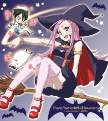 00s 1boy 1girl 2005 anemone_(eureka_seven) armlet black_dress blue_eyes bones_(company) bracelet broom broom_riding cape dominic_sorel dress eureka_seven eureka_seven_(series) gulliver_(eureka_seven) hair_ornament hairclip halloween hat jewelry kuroo_(project_apricot) panties pantyshot pink_hair pink_panties purple_eyes shoes sidesaddle sitting thighhighs underwear white_panties witch witch_hat