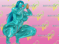 1boy 1girl alpha-152 barefoot blank_eyes blue_hair blue_theme breasts censored circle_max dancing_v dead_or_alive feet hetero huge_breasts large_breasts long_hair monster_girl nipples nude penis pointy_ears see-through_clothes slime_girl squatting tecmo thick_thighs thighs toes transparent