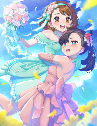 2girls :d absurdres alternate_costume asymmetrical_bangs bare_shoulders bead_necklace beads blurry blush bob_cut bouquet breasts brown_eyes brown_hair cloud commentary day dress dress_flower elbow_gloves eyelashes female_focus flower from_below gloria_(pokemon) gloves green_dress green_eyes green_gloves green_hairband hair_flower hair_ornament hair_ribbon hairband hand_on_another&#039;s_back highres holding holding_bouquet hug jewelry looking_at_viewer marnie_(pokemon) matching_hair/eyes multiple_girls n2ewu necklace nintendo off-shoulder_dress off_shoulder open_mouth outdoors petals pink_dress pink_gloves pink_ribbon pokemon pokemon_swsh red_flower ribbon short_hair shoulder_blades sky small_breasts smile teeth tongue upper_teeth_only wedding wedding_dress wife_and_wife yuri