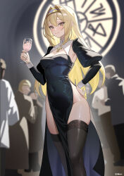 1girl 6+others absurdres alternate_costume armpits bare_hips blonde_hair blurry blurry_background breasts cleavage cleavage_cutout clothing_cutout cocktail cocktail_glass covered_navel cross cup depth_of_field dress drinking_glass exosister_gibrine exosister_irene groin hair_between_eyes hair_intakes hand_on_own_hip highleg highleg_dress highres holding holding_cup indoors latin_cross light_smile long_hair looking_at_viewer medium_breasts multiple_others nun pesto_spaghetti side_slit skindentation solo_focus thick_thighs thighhighs thighs tsurime very_long_hair wrist_cuffs yellow_eyes yu-gi-oh!