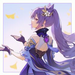 Rule 34 | 1girl, absurdres, bare shoulders, commentary request, cone hair bun, cowboy shot, detached sleeves, double bun, dress, earrings, electro symbol (genshin impact), floating hair, from behind, genshin impact, gloves, hair bun, hair ornament, hands up, highres, jewelry, keqing (genshin impact), looking at viewer, looking back, outside border, parted lips, purple dress, purple eyes, purple gloves, purple hair, shali, smile, solo, striped clothes, twintails, vertical-striped clothes, vision (genshin impact)