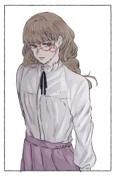 Rule 34 | 1girl, arm at side, black ribbon, border, brown eyes, brown hair, closed mouth, commentary request, face piercing, facial mark, fear &amp; hunger (series), fear &amp; hunger 2: termina, frilled shirt collar, frills, highres, long hair, long sleeves, marina (fear &amp; hunger), mouth piercing, neck ribbon, piercing, pink skirt, ribbon, shirt, shirt tucked in, skirt, solo, takenoko gungun, white background, white border, white shirt