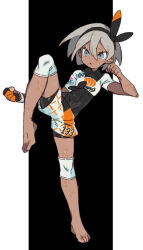 1girl absurdres barefoot bea_(pokemon) black_background black_bodysuit black_hairband bodysuit bodysuit_under_clothes clenched_hand commentary_request dark-skinned_female dark_skin feet grey_hair hairband highres nintendo oimo_(14sainobba) open_mouth pokemon pokemon_swsh scar shirt short_hair shorts solo standing standing_on_one_leg white_background