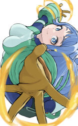 Rule 34 | 1girl, absurdres, blue bodysuit, blue eyes, blue hair, bodysuit, boku no hero academia, closed mouth, energy, fengling (furin-jp), gloves, green bodysuit, hado nejire, highres, long hair, looking at viewer, multicolored bodysuit, outstretched arms, smile, solo, superhero costume, yellow gloves