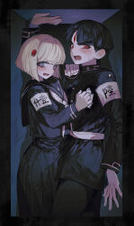 1boy 1girl absurdres anzekeye armband black_jacket black_pants black_shirt black_skirt blonde_hair blue_eyes blush chinese_commentary commentary_request facial_mark forehead_mark hair_ornament highres hole_in_chest hole_on_body jacket last_defense_academy_school_uniform long_skirt maruko_gaku neckerchief oosuzuki_kurara pants red_eyes school_uniform shirt short_hair skirt sweat the_hundred_line_-last_defense_academy- white_armband white_neckerchief