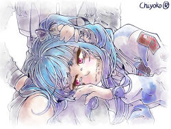 Rule 34 | 2girls, amemiya darumi, black bow, black hair, blue hair, bow, closed mouth, crying, crying with eyes open, ear piercing, earrings, eyebrows, eyelashes, face piercing, female focus, hair bow, hand on another&#039;s head, highres, jewelry, lip piercing, long hair, long sleeves, lying on lap, makeup, multiple girls, petting, piercing, pink eyes, running, shirt, shizuhara hiruko, striped clothes, striped shirt, tears, the hundred line -last defense academy-, upper body, white background, yuri