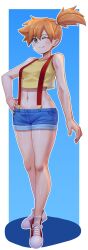 1girl ;) absurdres asymmetrical_hair bare_arms bare_shoulders blue_eyes blue_shorts blush breasts closed_mouth crop_top denim denim_shorts els_(ljhlee12) female_focus gen_1_pokemon green_eyes gym_leader hand_on_own_hip highres legs looking_at_viewer midriff misty_(pokemon) navel nintendo one_eye_closed orange_hair pokemon pokemon_(anime) pokemon_(classic_anime) ponytail shirt shoes short_hair short_shorts shorts side_ponytail sleeveless sleeveless_shirt smile sneakers solo standing suspender_shorts suspenders tank_top thighs wink yellow_shirt