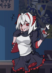 1girl absurdres antennae arknights black_gloves black_pantyhose black_scarf black_skirt breasts chinese_commentary commentary_request cowboy_shot fingerless_gloves gloves grey_shirt grin highres holding horns indoors looking_at_viewer mikiseriavoid miniskirt pantyhose red_eyes scarf shirt short_hair skirt small_breasts smile solo standing vanripper_(style) w_(arknights) white_hair