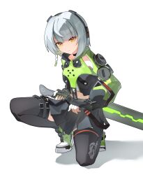 1girl a_maple absurdres anby_demara belted_skirt black_skirt black_thighhighs braided_sidelocks fingerless_gloves gloves green_jacket green_sleeves grey_hair headphones highres holding holding_sword holding_weapon jacket on_one_knee orange_eyes pleated_skirt short_hair skirt sword thighhighs weapon white_hair zenless_zone_zero