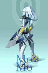 Rule 34 | 1girl, breasts, dual wielding, from behind, full body, high heels, highres, holding, holding weapon, humanoid robot, long hair, mecha musume, medium breasts, momo (optune), nakakita kouji, no humans, optune, original, robot, robot girl, science fiction, second-party source, sidelocks, simple background, solo, standing, weapon, white hair